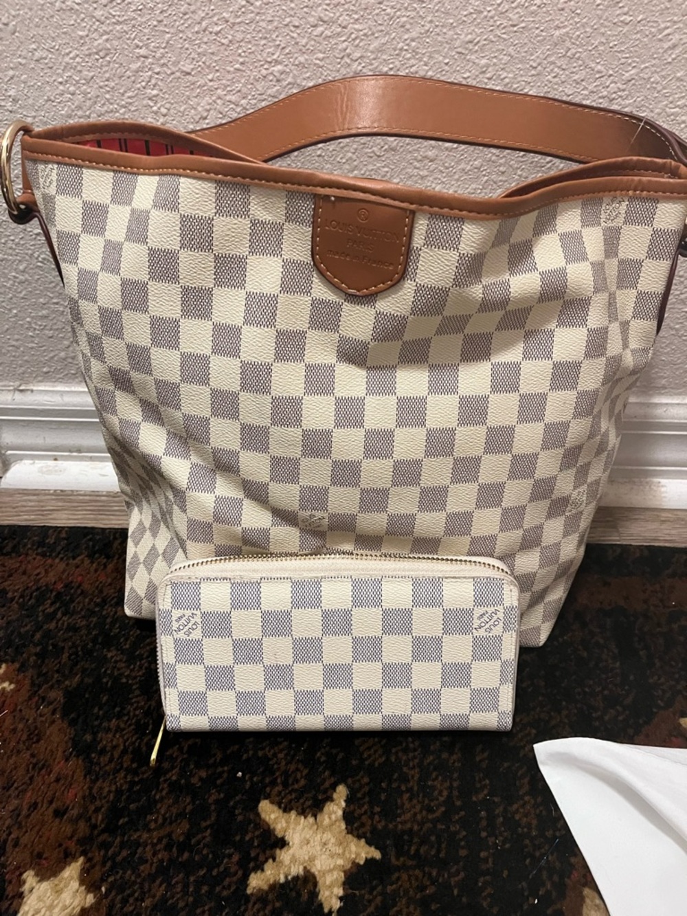 Louis Vuitton Cream and Tan Damier Azur Canvas Tote with Matching Wallet